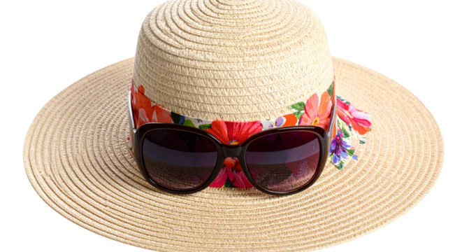 straw hat with sunglasses and sun glasses