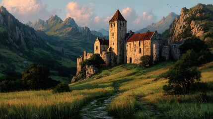 Enchanted medieval castle under dramatic sky high resolution photo