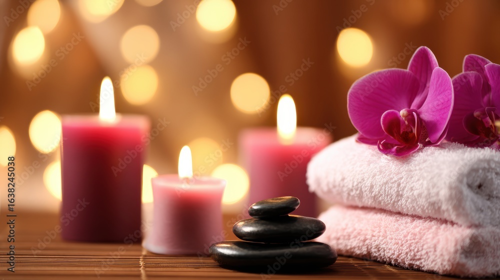 Poster serene spa setting with candles, stacked towels, and orchids creating a tranquil atmosphere for rela