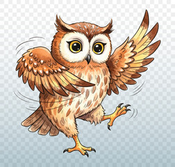 Owl with large expressive eyes and ruffled brown feathers, dancing with one wing raised and one leg lifted.