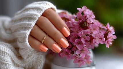Fototapeta premium A woman's hand holding a vase of pink flowers and a ring