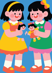 little girl playing with dolls Illustrator Artwork design template poster