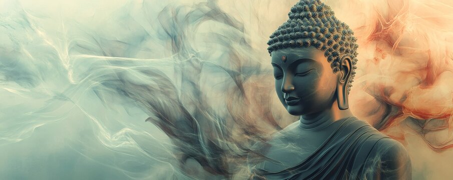 Meditating buddha statue amidst swirling smoke.