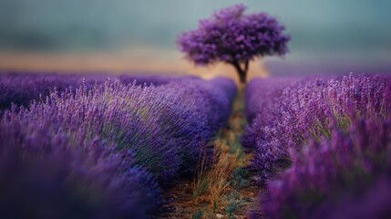 Obraz premium Serene Lavender Field with Tree at Sunset in Beautiful Landscape