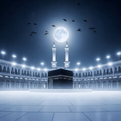 The kaaba illuminated at night with a full moon and birds flying above the holy site in mecca © M Sohail GFX