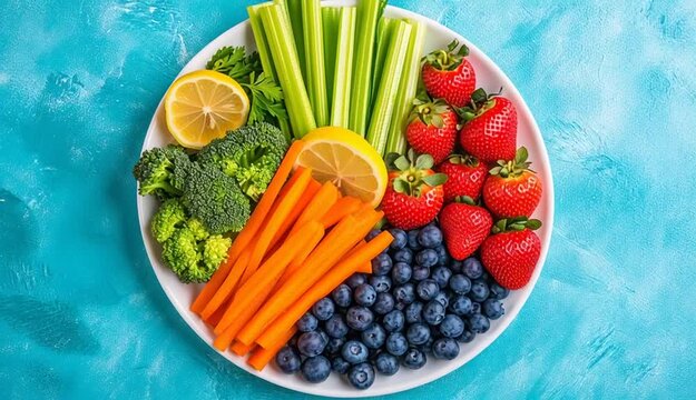 Colorful vegetable and fruit platter on white plate, fresh carrot sticks, celery sticks, red bell pepper strips, broccoli florets, fresh blueberries, strawberries, lemon slice, healthy snack arrange