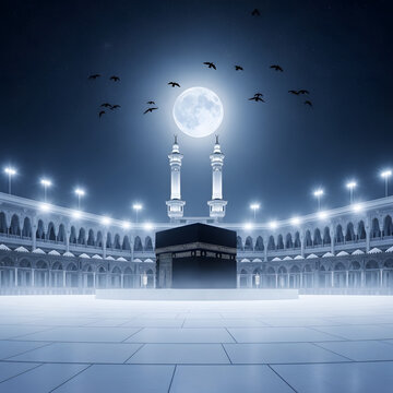 The kaaba illuminated at night with a full moon and birds flying above the holy site in mecca