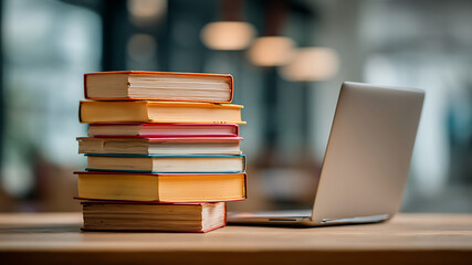 Stack of colorful books with laptop on wooden desk in blurred background.