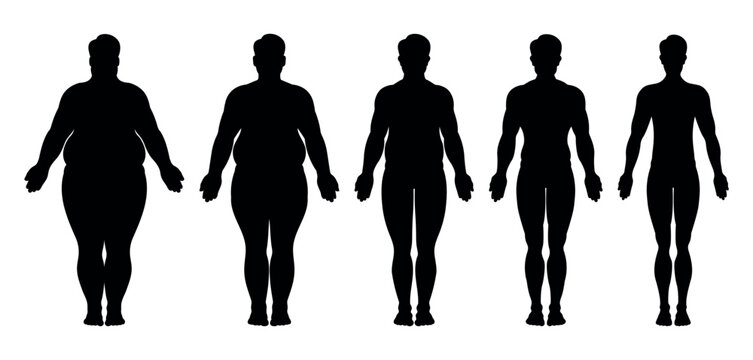Male body silhouette transformation from obese to fit and skinny. Weight loss and fitness concept. Vector illustration