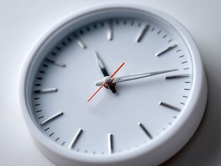 A white clock with red hands on a white surface