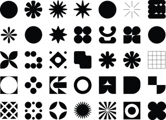 Collection of abstract geometric shapes and patterns in black and white