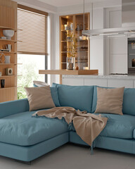 Modern house interior kitchen with living room design. 3D Render	