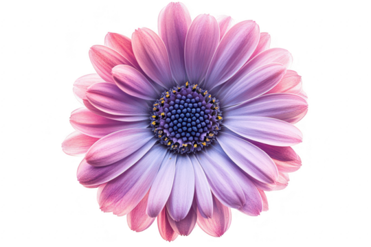 Vibrant purple and pink daisy petals unfurling with a detailed dark blue center isolated on transparent background