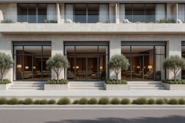 Street view of a luxury hotel or resort facade with large glass windows, landscaped planters, and elegant lobby interior. Contemporary architecture in a hospitality setting.