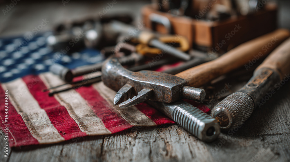 Poster a close up of tools and an american flag on a wooden surface with a toolbox in the background