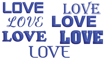 3D Glossy Blue Color LOVE Letter Valentines Set On White Background