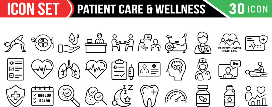 Patient Care icon set, Patient Care Bundle Editable Stroke - Icons Include Doctors, Physicians, Surgeons, Medical Professionals, Health Care, Patient, Person, Illness,