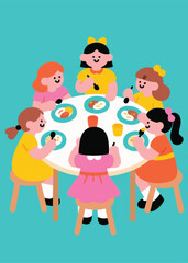 Naklejka premium little girls eating together happily Illustrator Artwork design template poster