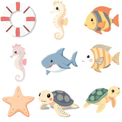 Sea Animals Vector Set - Cute, Cartoon Themed Animal Designs 