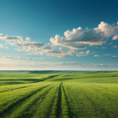 Fototapeta premium Scenic green rolling hills under a vibrant blue sky with fluffy clouds