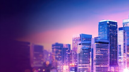 Obraz premium Vibrant city skyline at dusk, showcasing modern architecture with colorful lights and a serene atmosphere