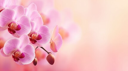 Beautiful pink orchids in full bloom against a soft pastel background, evoking tranquility and elegance