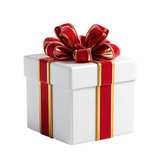 Obraz premium Elegant White Gift Box Red Gold Ribbon Festive Surprise, isolated on transparent background, perfect cutout, PNG