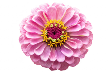 Vibrant pink zinnia flower with intricate petals and yellow center isolated on transparent background