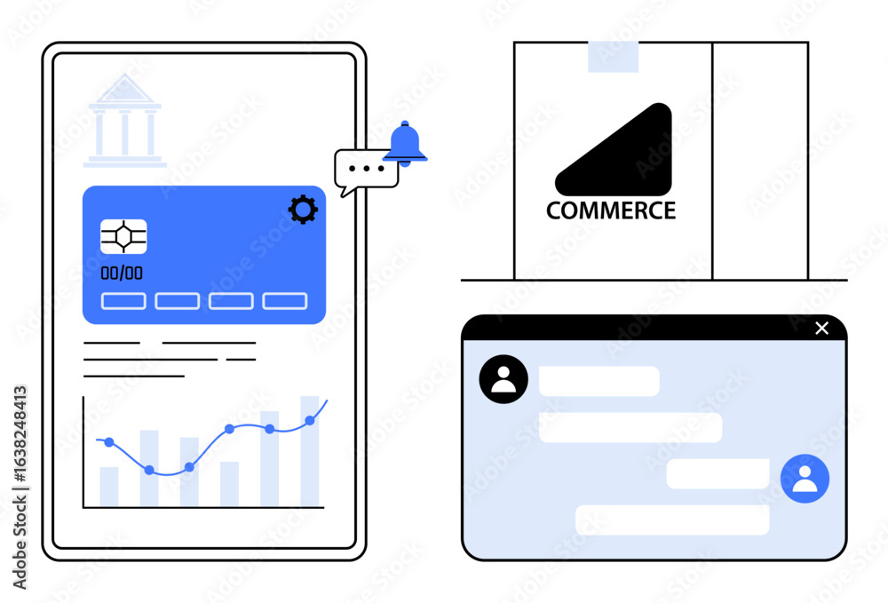 Aufkleber mobile banking interface, e-commerce dashboard, chat window, notifications, and data analytics chart