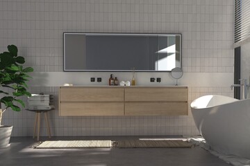 Modern bathroom interior with wooden decor in eco style. 3D Render	