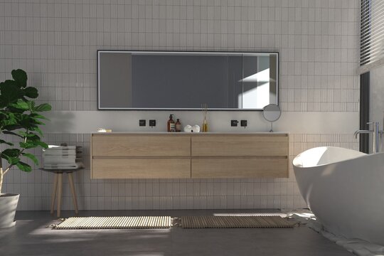 Modern bathroom interior with wooden decor in eco style. 3D Render	