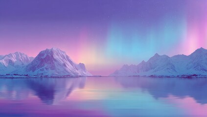 Serene arctic landscape with snow-capped mountains reflecting in a calm, purple and teal hued lake under a vibrant aurora borealis