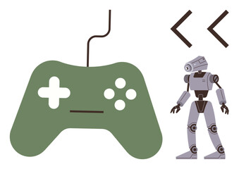 Game controller beside a robot with coding arrows, emphasizing gaming, programming, and robotics. Ideal for technology, AI, gaming, innovation, coding entertainment education simple flat metaphor