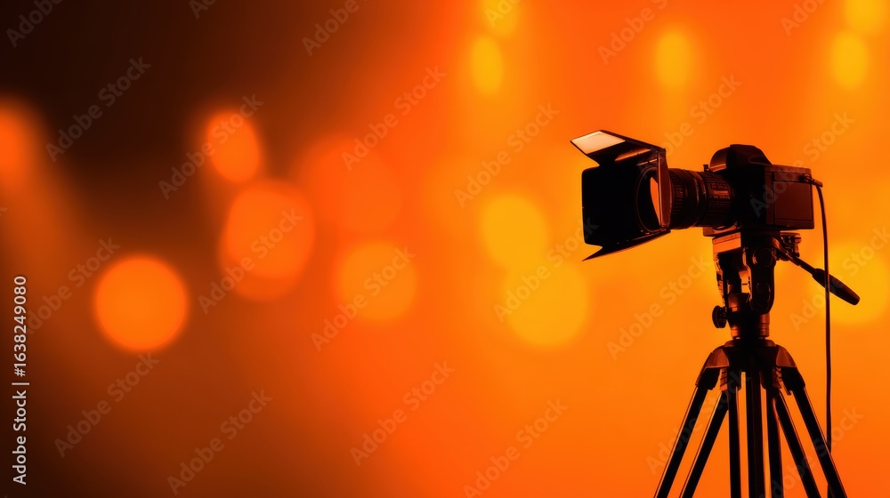 Poster camera on tripod capturing vibrant orange bokeh background during a photography session