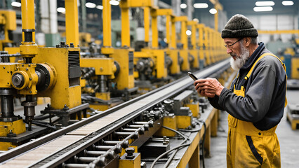 Fototapeta premium A man in a yellow vest is looking at a cell phone
