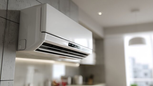 Modern air conditioning unit mounted on wall in contemporary kitchen with bright ambiance and minimalist design aesthetics - Powered by Adobe