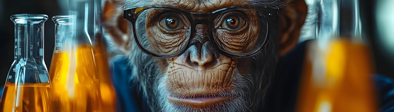Curious monkey scientist in lab coat and glasses examines beakers