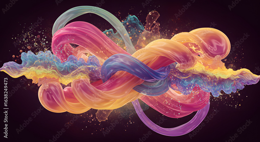 Aufkleber fluid colors intertwined in abstract render, flowing through space with elegant movements and glitte