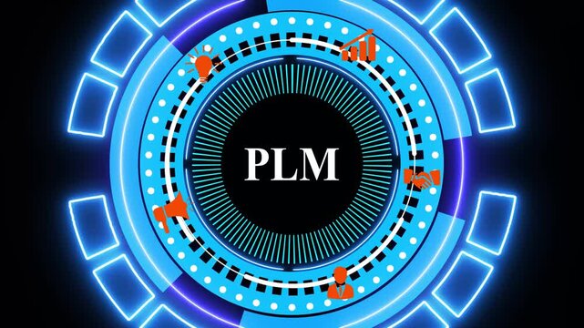 PLM Product lifecycle management system technology concept. Surrounded by icons symbolizing innovation, teamwork, gears, and system intelligence.