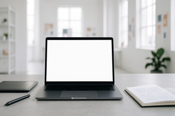 Fototapeta premium Laptop with blank screen for mockup on a minimalist concrete desk in a modern creative studio.