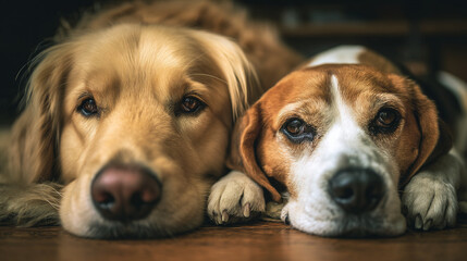A golden retriever and a beagle resting their heads on the floor looking at the camera closely together