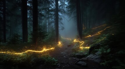 Glowing Wisps Illuminate a Dark Forest Trail at Dusk