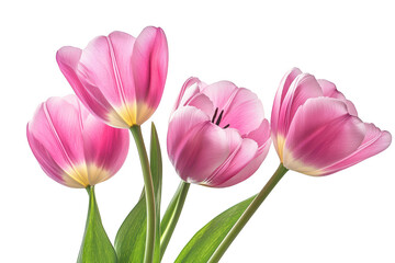 Naklejka premium Vibrant pink tulips with green stems and leaves delicate petals spring blooms isolated on transparent background