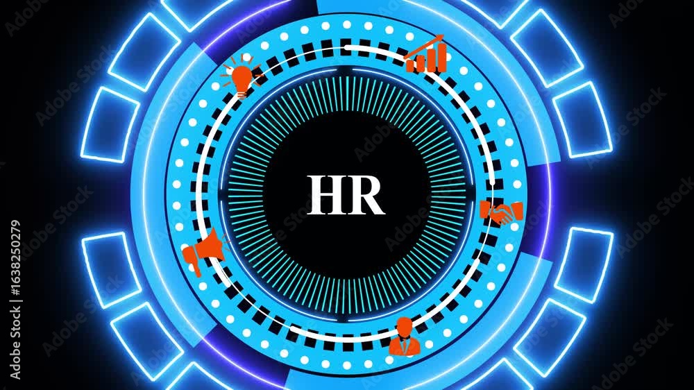 Poster businessman pressing an hr concept button on a visual display. holographic advanced hud circle platf