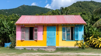Vibrant colorful house with corrugated metal roof in a tropical setting