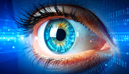 Digital Eye: A close-up shot of a detailed human eye, with a captivating digital overlay of binary code and futuristic elements, reflecting the fusion of technology and the human form.