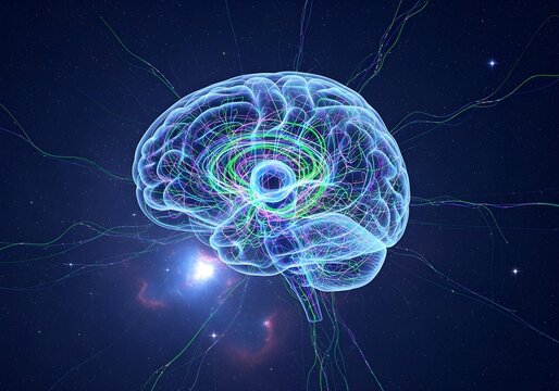 Human brain filled with galaxy patterns floating in outer space, conceptual fusion of cosmic imagery and AI intelligence visualization
