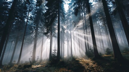 Obraz premium Foggy Pine Forest with Sunlight Rays Illuminating the Ground