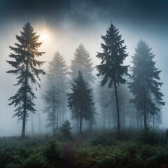 Fototapeta premium Eerie fog drifting through a dark forest with tall pine trees