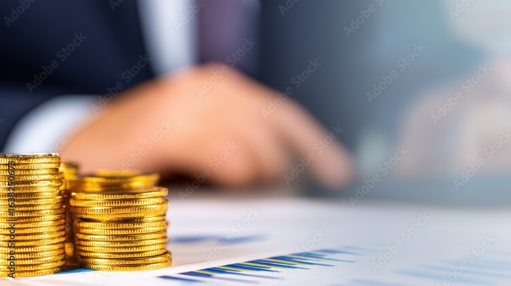 Aufkleber business professional analyzing financial data with stacks of coins on the table in a modern office 